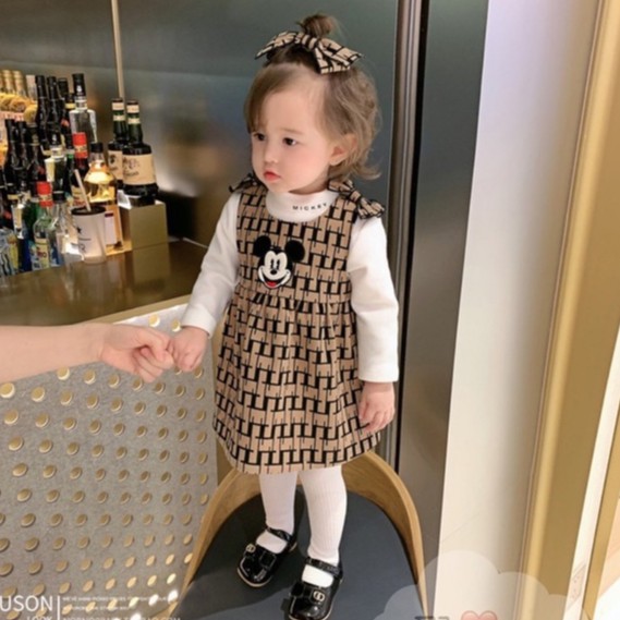 Váy nhung micky đeo nơ kèm áo cotton 4 chiều cho bé 1-5 tuổi
