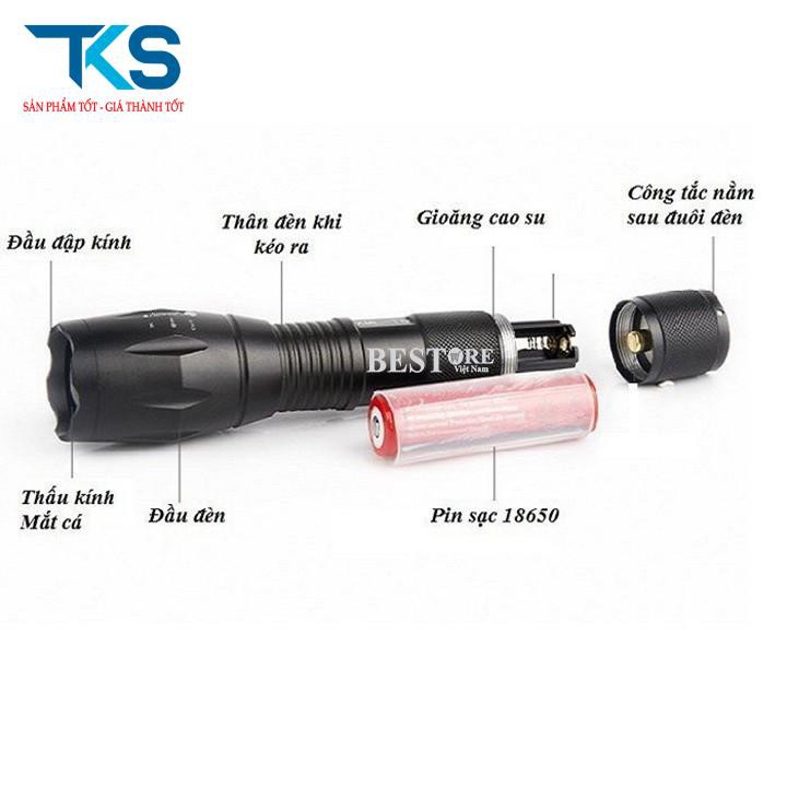 Đèn pin siêu sáng xml-t6 chính hãng chống nước tặng kèm pin sạc