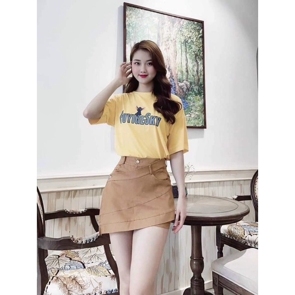 Chân váy nữ kaki đắp chéo tà kèm quần thời trang