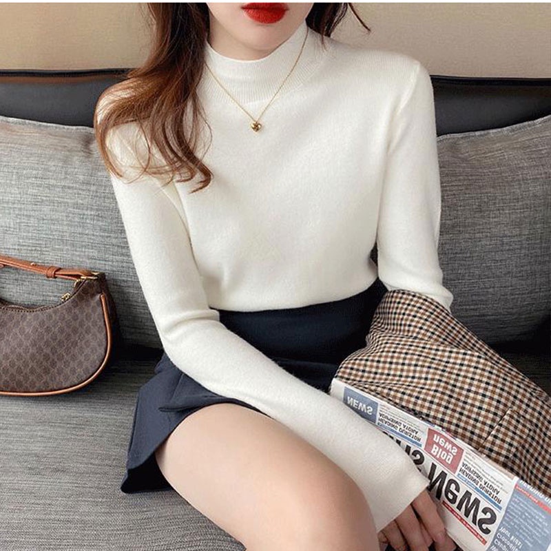 Áo Dệt Kim Tay Dài Cổ Cao Dáng Ôm Phong Cách Hàn Quốc Thời Trang Cho Nữ