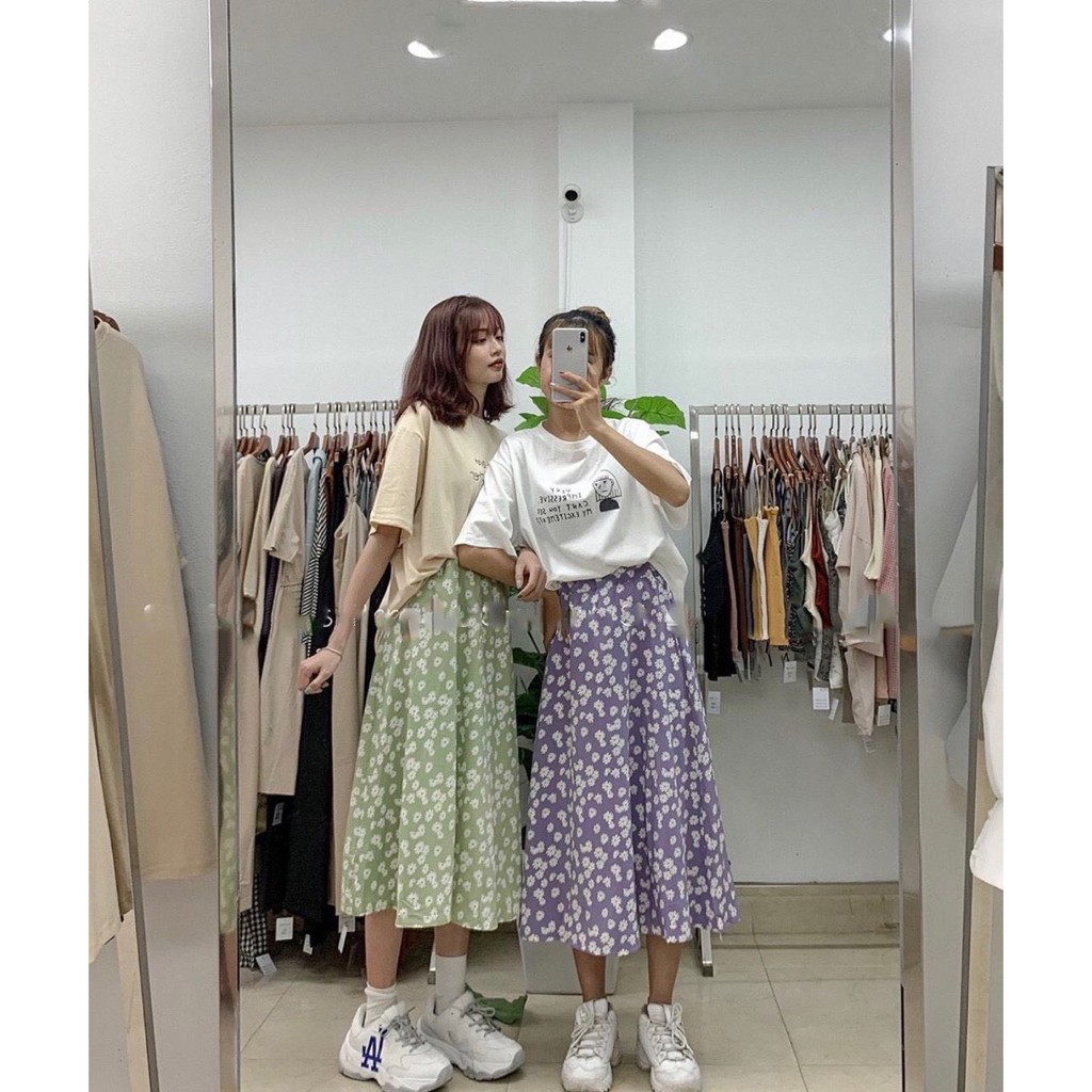 CHÂN VÁY MIDI HOA NHÍ VINTAGE ULZZANG STYLE - CHÂN VÁY HOA CÚC HỌA MI TÍM ĐEN XANH HOT | BigBuy360 - bigbuy360.vn