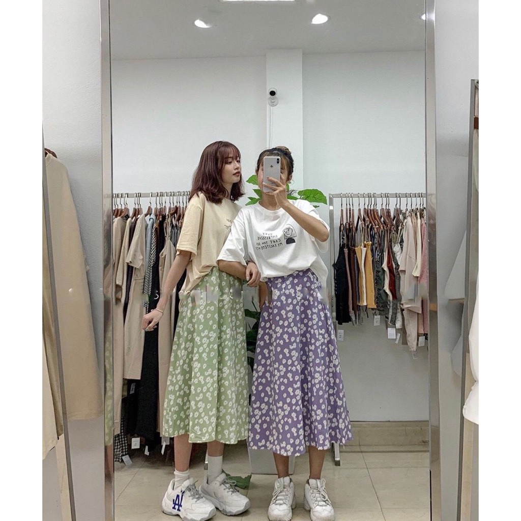 CHÂN VÁY MIDI HOA NHÍ VINTAGE ULZZANG STYLE - CHÂN VÁY HOA CÚC HỌA MI TÍM ĐEN XANH HOT