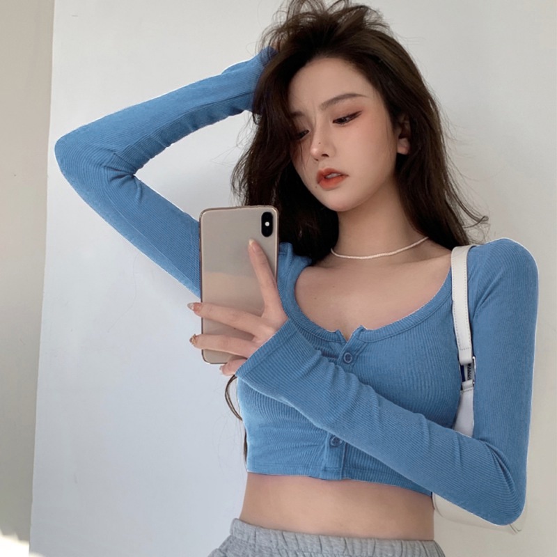 Áo thun dệt kim tay dài cổ chữ U màu sắc đơn giản phong cách Hàn Quốc dành cho nữ