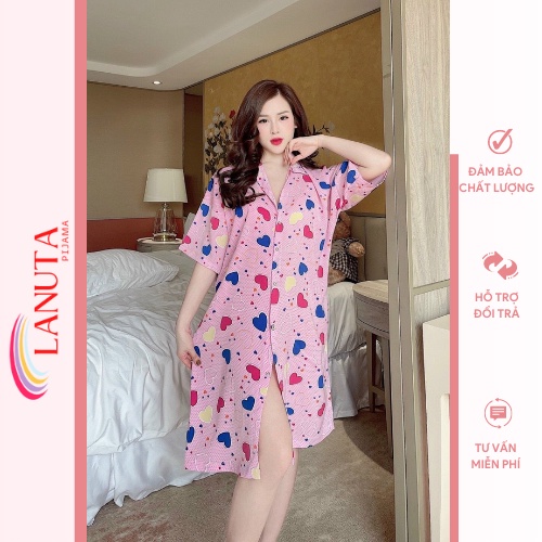 Váy sơ mi lụa đầm ngủ dáng dài suông phom rộng họa tiết dễ thương LANUTA QE