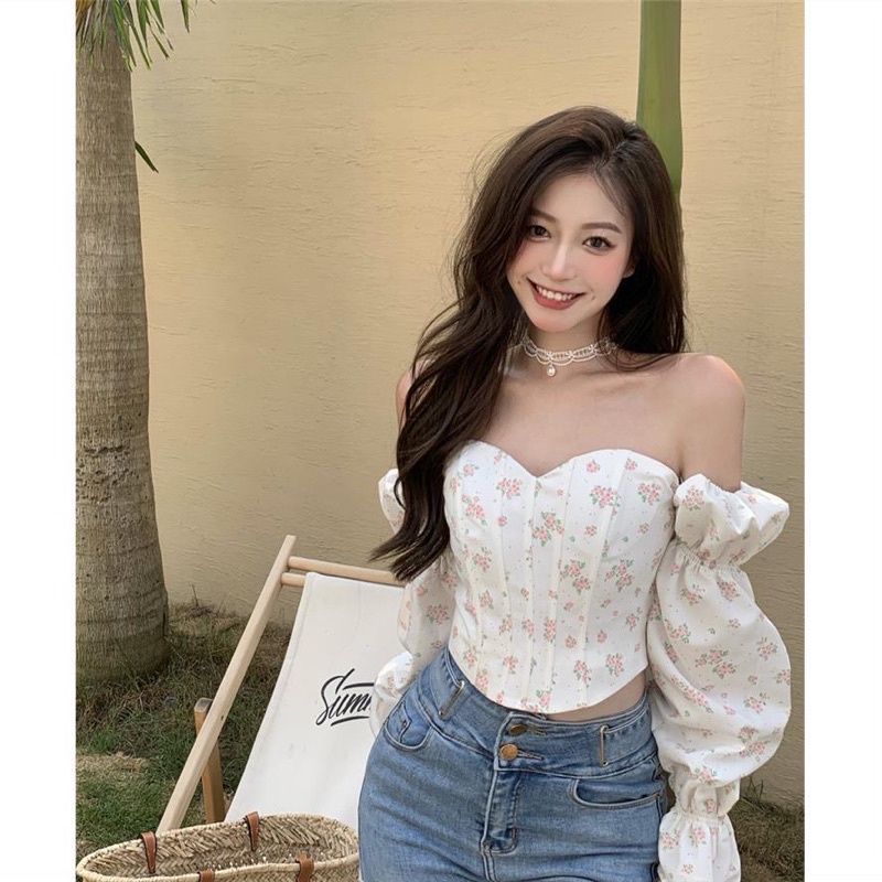 Áo cúp ngực trễ vai croptop ulzzang hoạ tiết hoa nhí