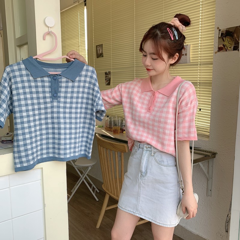 Áo thun POLO ngắn tay dáng rộng họa tiết sọc caro phong cách Hàn Quốc thời trang mùa hè | BigBuy360 - bigbuy360.vn
