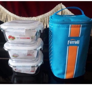 Bộ 3 hộp thuỷ tinh ferroli hình vuông 500 ml kèm túi giữ nhiệt dùng được cho lò vi sóng