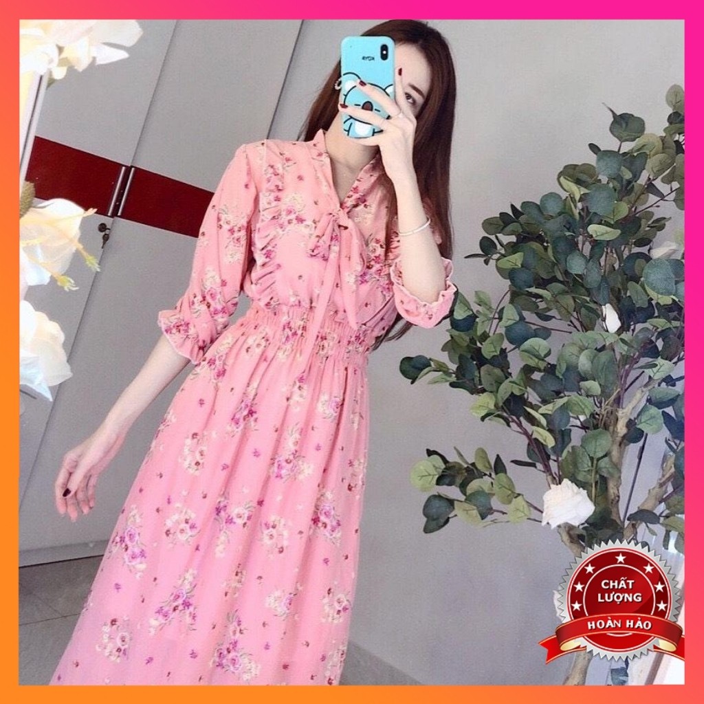 Đầm Maxi đi biển Hoa nhí DH002, thắt nơ cổ, tay lỡ, eo nhún nữ tính | BigBuy360 - bigbuy360.vn