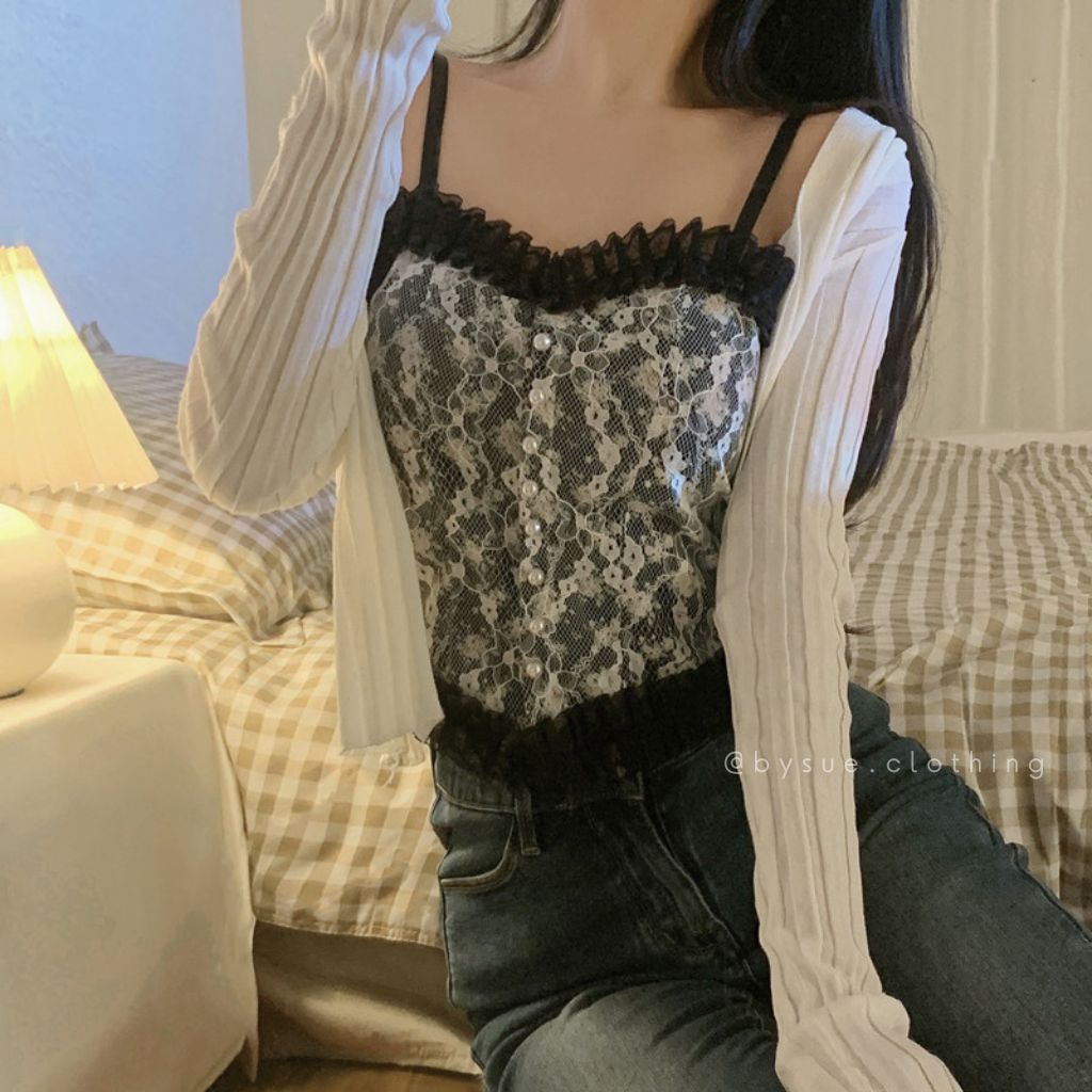 Áo bra 2 dây dáng croptop hoa nhí phối ren tiểu thư phong cách Hàn Quốc BY SUE AB16