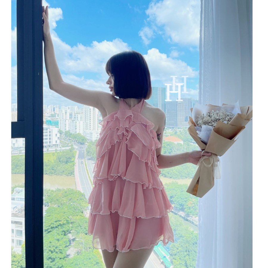 Đầm babydoll yếm tầng màu hồng HDT272 Hỉn Hỉn Store