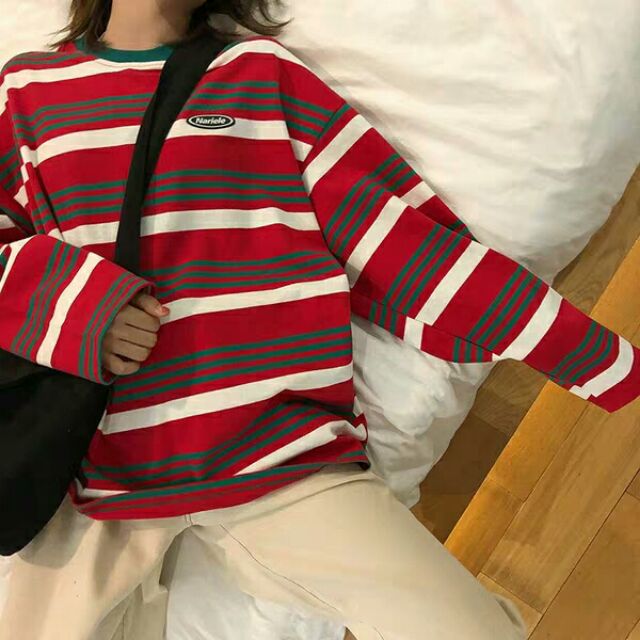 áo pull dài tay kẻ ngang dáng rộng ulzzang kèm ảnh Thật