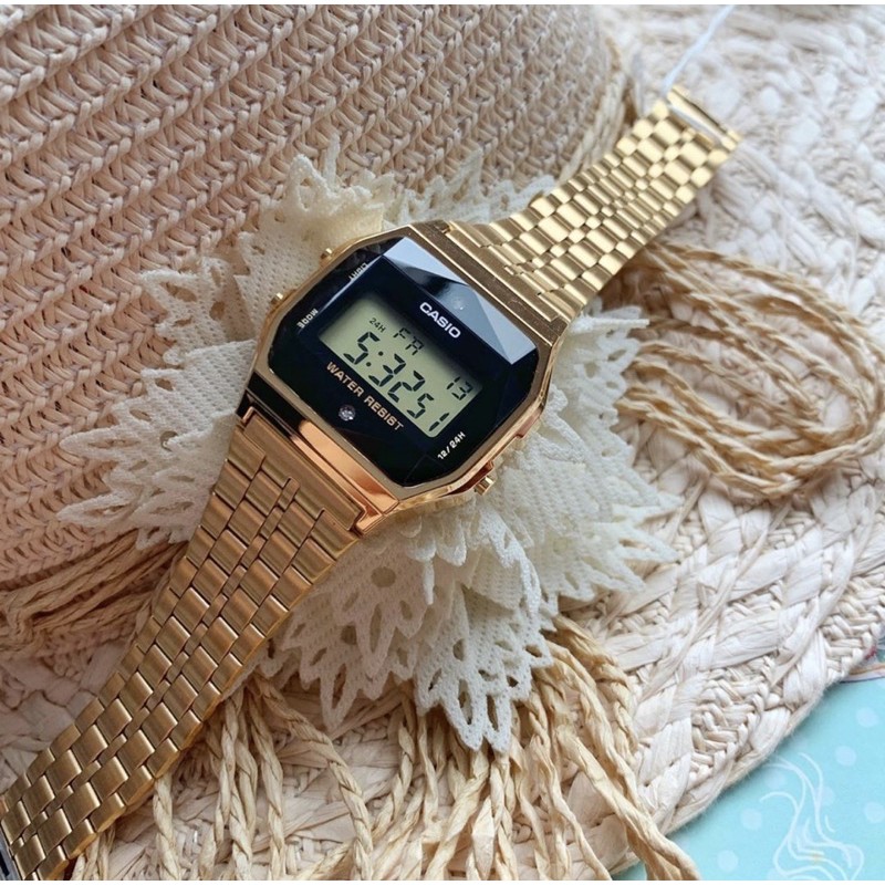 Đongf hồ CASIO A159 Unisex mặt kim cương gold A159WGED-1