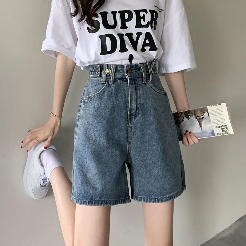 Jiashucheng Quần Short Denim Cạp Cao Ống Rộng Phong Cách Hàn Quốc Thời Trang Mùa Hè Hàng Mới