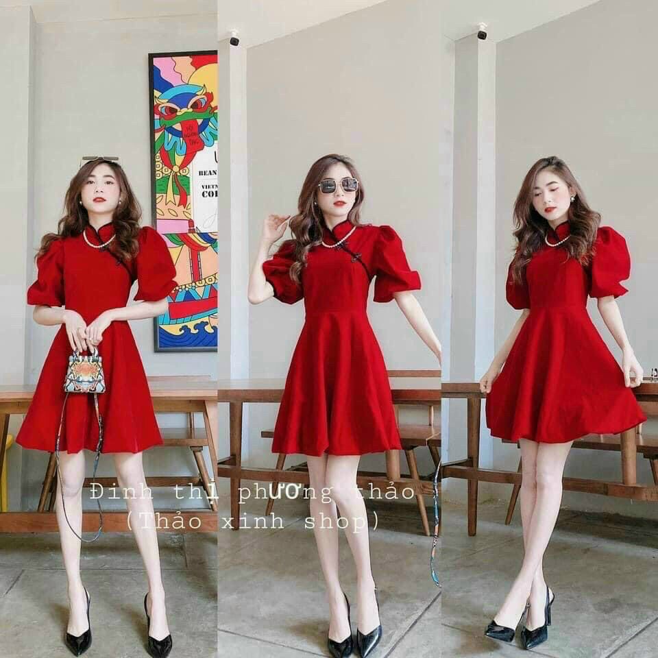 Đầm đỏ xoè tay phồng cổ tàu xinh xắn