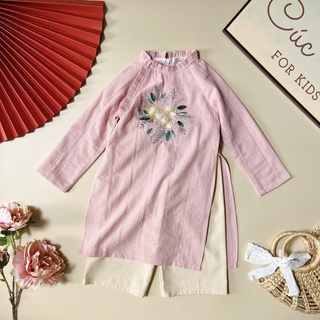 Áo dài hồng thêu hoa tặng kèm mấn xinh xắn dễ thương cho bé