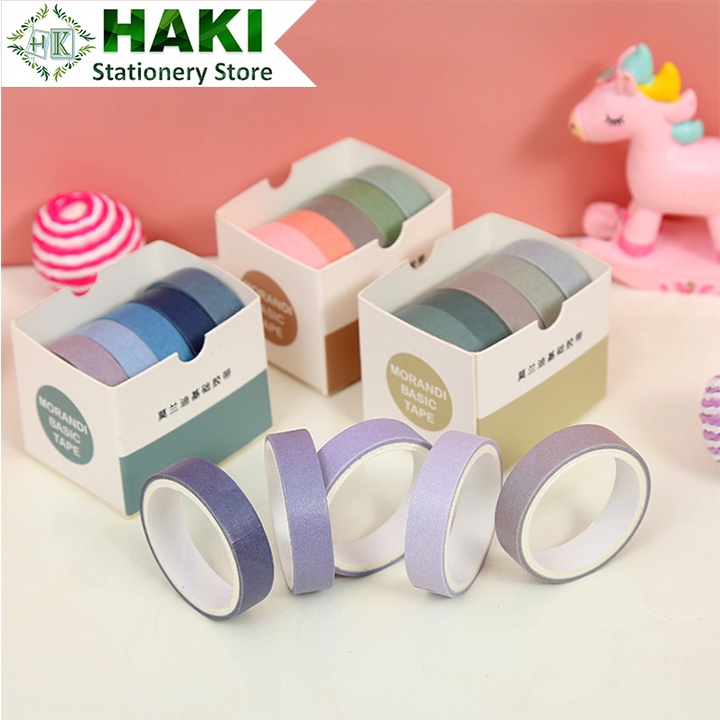 Washi tape cute HAKI, băng dính washi tape bộ 5 cuộn trang trí nhiều màu đáng yêu giá rẻ BD02