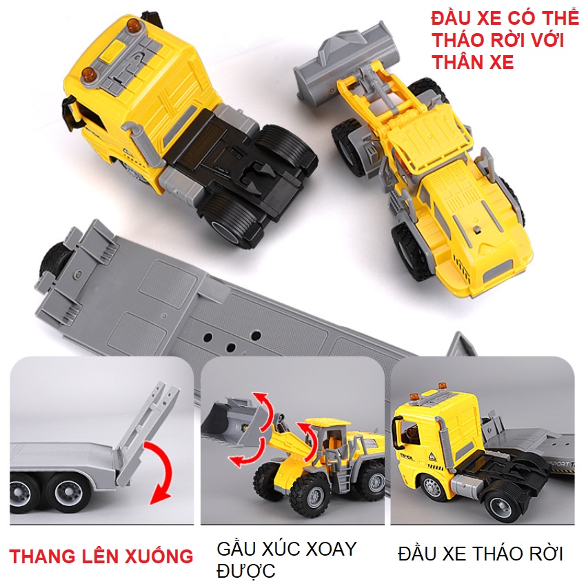 Bộ xe công trình đồ chơi trẻ em gồm xe đầu kéo chở xe xúc ủi bằng nhựa ABS có âm thanh và đèn