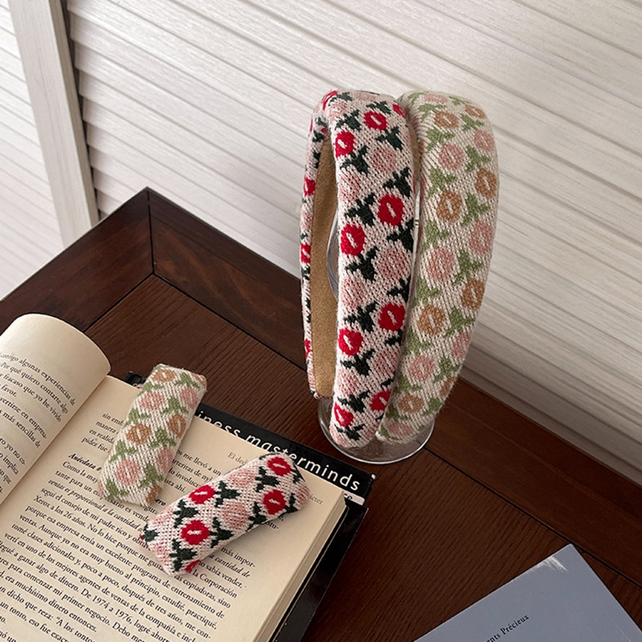 Băng đô cài tóc dệt kim phối hoa lá phong cách Hàn Quốc cổ điển thanh lịch