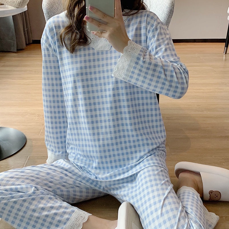 Bộ Đồ Ngủ Dài Tay Họa Tiết Ca Rô Ca Rô Xinh Xắn Theo Phong Cách Hàn Quốc Dành Cho Nữ