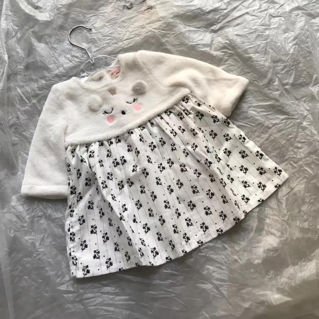 Váy thỏ bông mềm màu trắng hãng Du Pareil thân phối cotton họa tiết hoa nhí đen