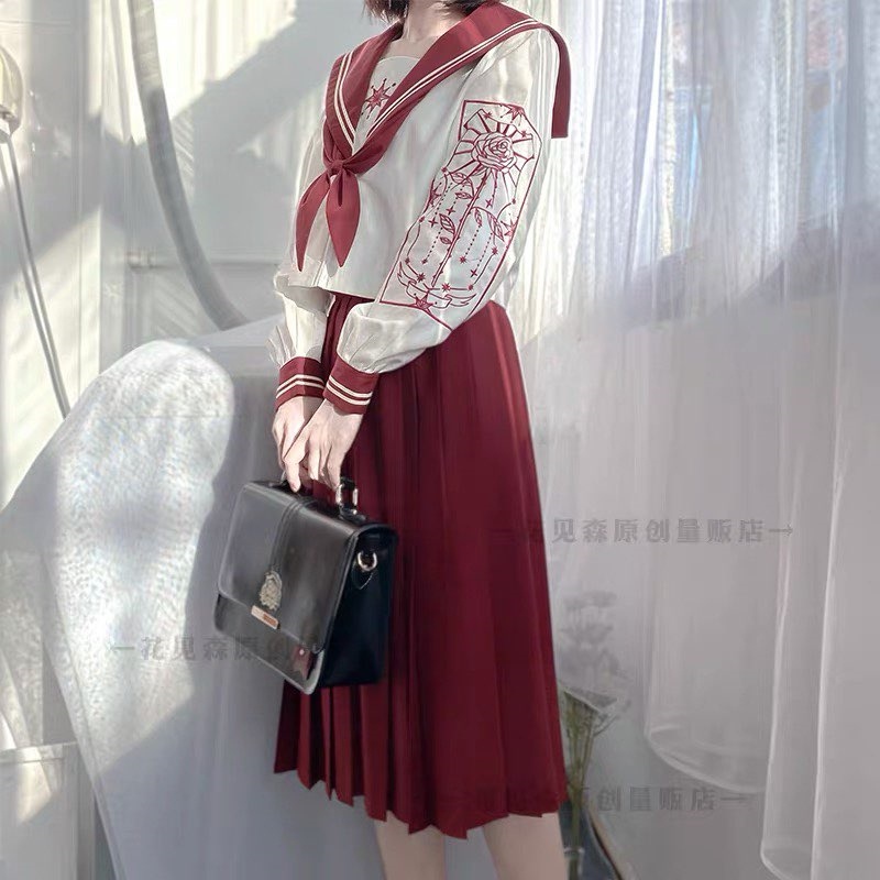 Set váy, áo Seifuku Brand HOA KIẾM SÂM - màu Đỏ, kèm nơ #Seifuku #Sei