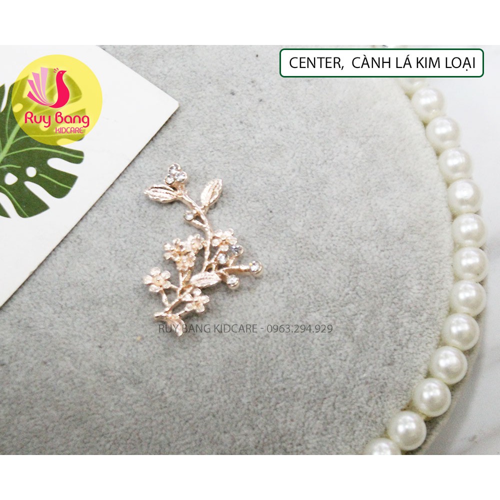 Cành hoa mạ kim ❤️FREESHIP❤️ Cành lá kim loại, center đá đính hoa vải handmade
