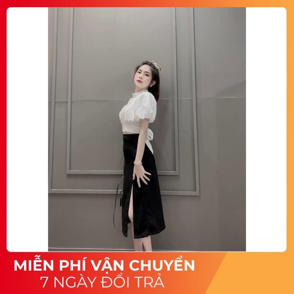 [ 𝐅𝐑𝐄𝐄 𝐒𝐇𝐈𝐏 ] Set Tay Bồng Buộc Nơ Eo Mix Chân Váy Xẻ