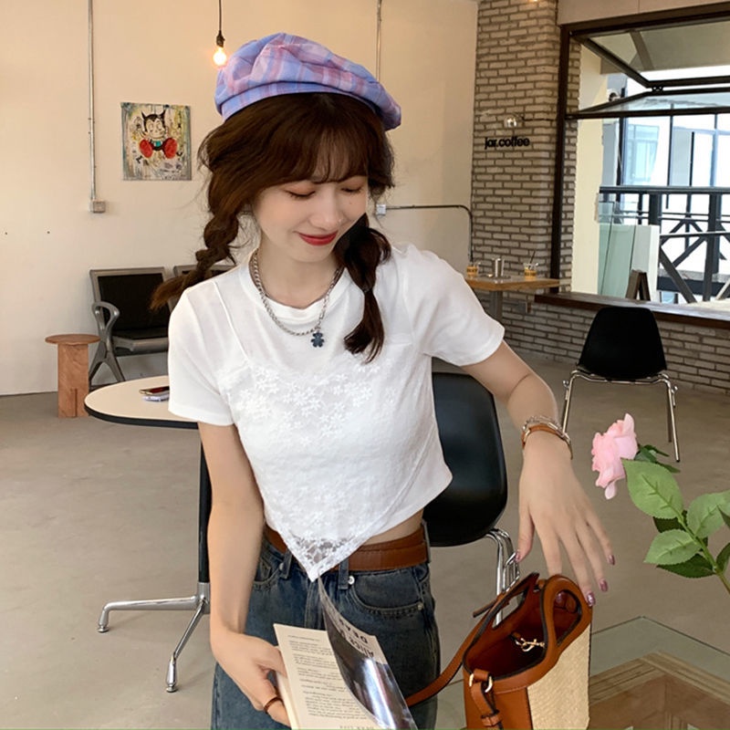 Áo thun IELGY tay ngắn cổ tròn phối lớp ngoài phong cách độc đáo dành cho nữ