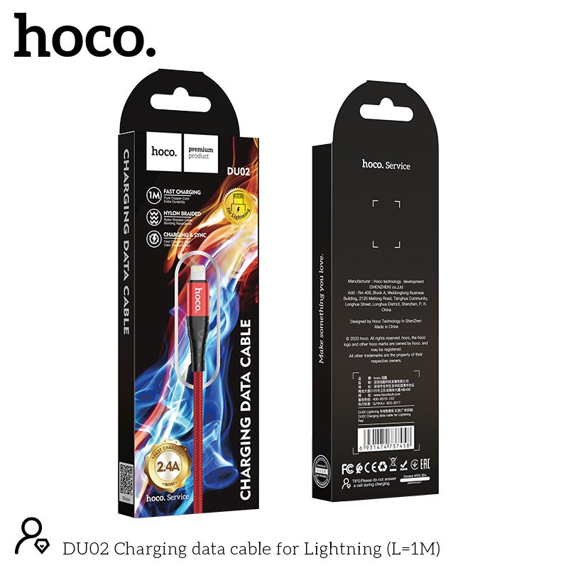 Cáp sạc Hoco DU02 cổng Lightning tương thích hệ điều hành IOS, sạc nhanh 2.4A dây bọc dù chống đứt dài 1m