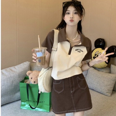 Áo thun croptop ZHELIHANGFEI tay ngắn cổ polo in chữ phong cách vintage Mỹ tùy chọn màu sắc