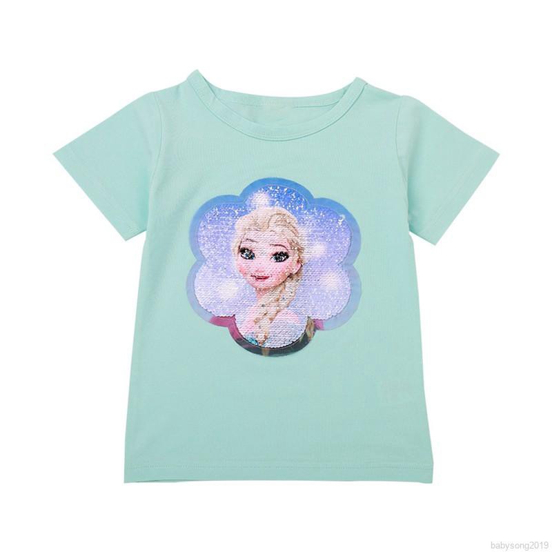 Áo thun tay ngắn họa tiết hoạt hình đính kim tuyến lấp lánh dễ thương cho bé gái