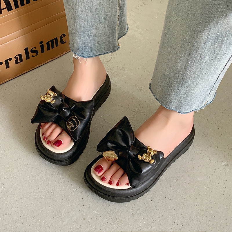 Dép Đế Dày Đính Nơ Thiết Kế Mới Cao Cấp Thời Trang