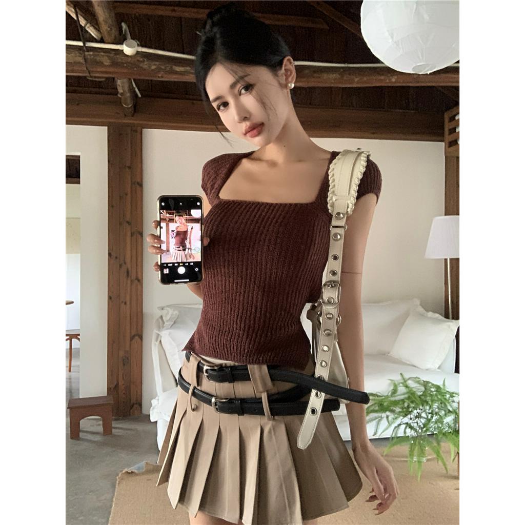 HUANG YOYO Áo Croptop Áo sweater Dệt Kim Cổ Vuông Tay Ngắn Dáng Ôm Thời Trang Mùa Hè Xinh Xắn Cho Nữ