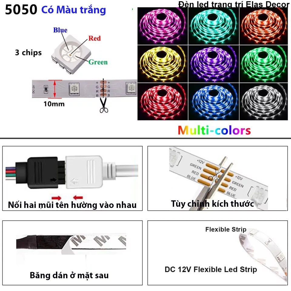 Combo Đèn Led Dán Tường Đèn Led Tik Tok 5050 RGB ĐK44 5m/10m/15m Đèn Led Trang Thay Đổi Màu Triệu View (tặng 1 đầu nối)