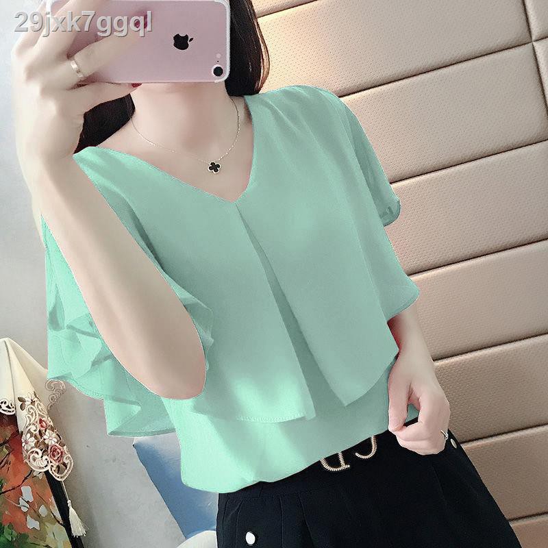 áo trễ vaiÁo voan trễ vai nữ tay ngắn 2021 phiên bản Hàn Quốc mới mùa hè dáng rộng và mỏng V - blouse cổ yếm ki