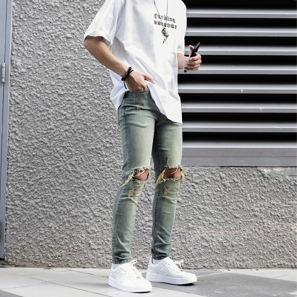 Quần Skinny Jeans Nam-Màu Xanh Bạc-Rách Gối To-Chất Liệu Cotton Co Giãn-Ống Đứng Dáng-Ống Ôm Chân Chuẩn Skinny | BigBuy360 - bigbuy360.vn