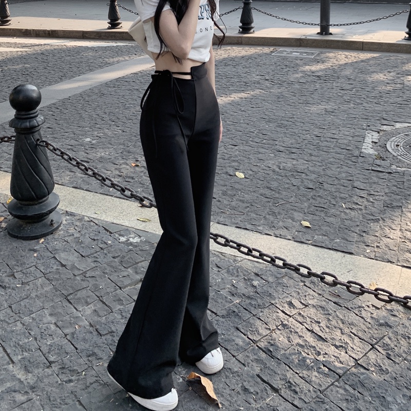 SUXI Quần dài ống rộng lưng cao màu đen trơn thời trang xuân hè cho nữ