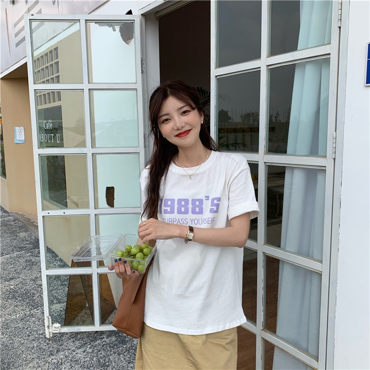 Áo Thun Tay Ngắn Cổ Tròn Màu Trơn In Chữ Chất Liệu Cotton Nguyên Chất 52334