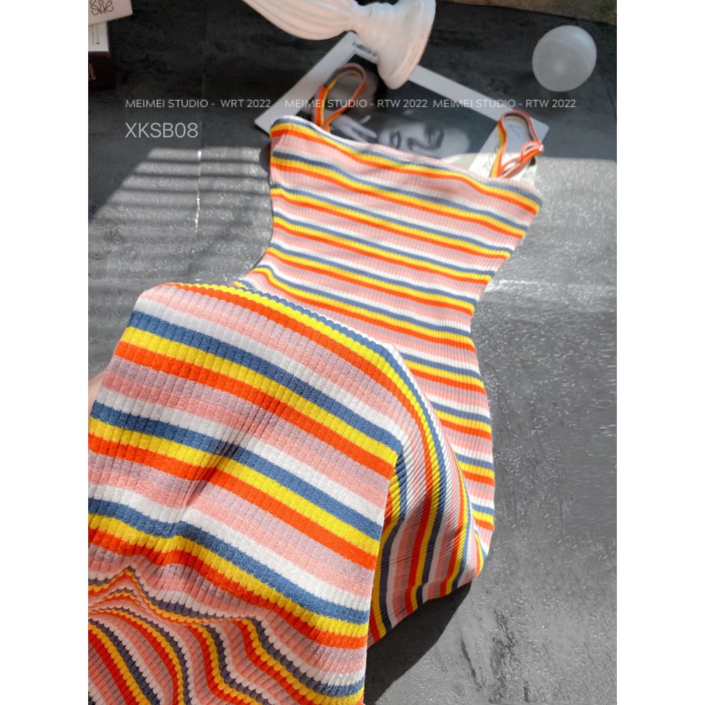 Set Colour 2 dây kẻ len tăm - Váy maxi ôm body và áo cardigan dài tay | XKSB08 | Meimei Studio