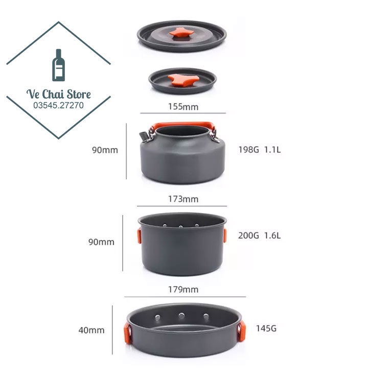 Bộ nồi chảo ấm 8 món 2 - 3 người cắm trại nấu ăn - pha cà phê - dã ngoại