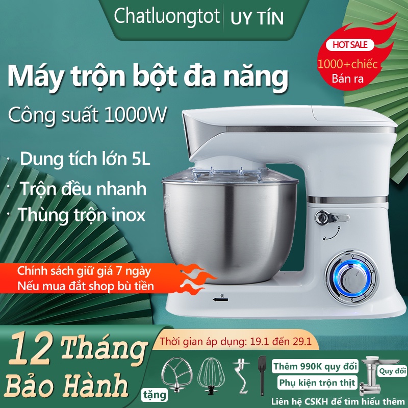 Máy nhào bột đánh trứng cỡ lớn đa năng bát inox 5 lít /6.5 lít trộn salad 3 trong 1 toàn tự động