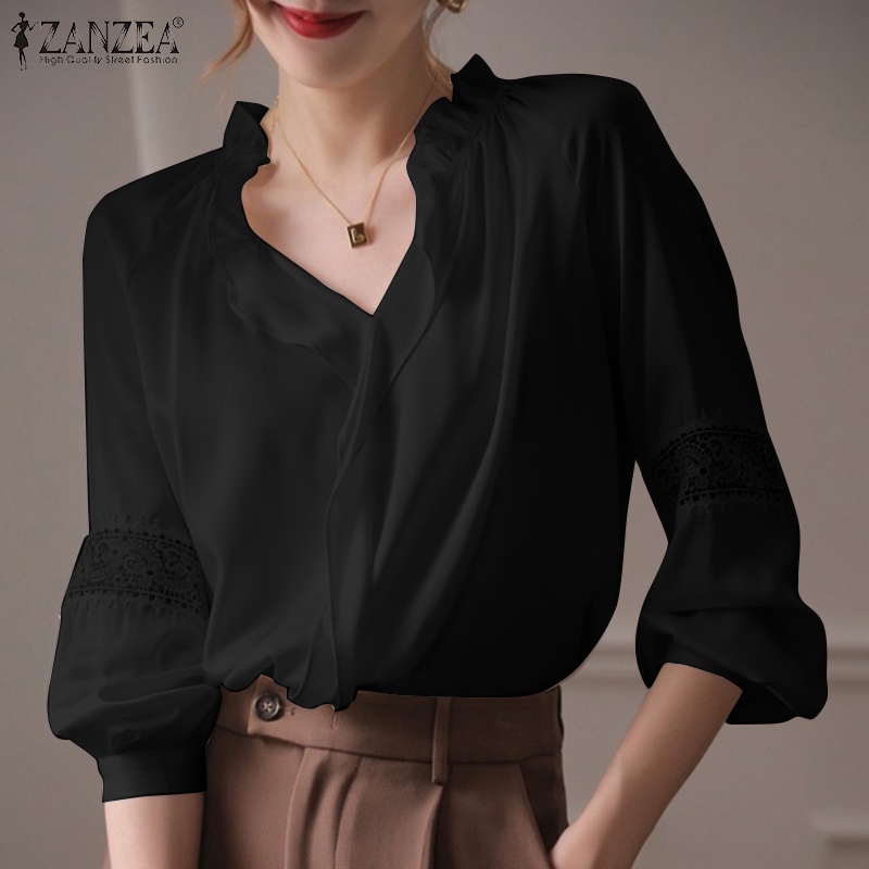 Áo kiểu ZANZEA dài tay cổ chữ V màu trơn phối ren thanh lịch cho nữ zanzea