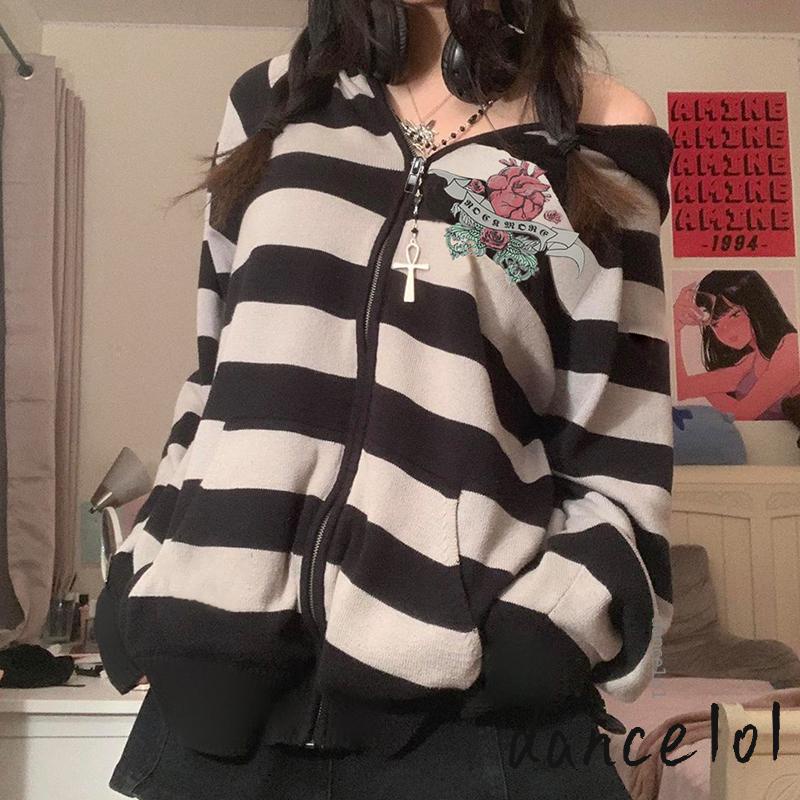 Áo Thun DàI Tay Kẻ SọC Cổ ĐiểN dance1o1 Y2K Grunge