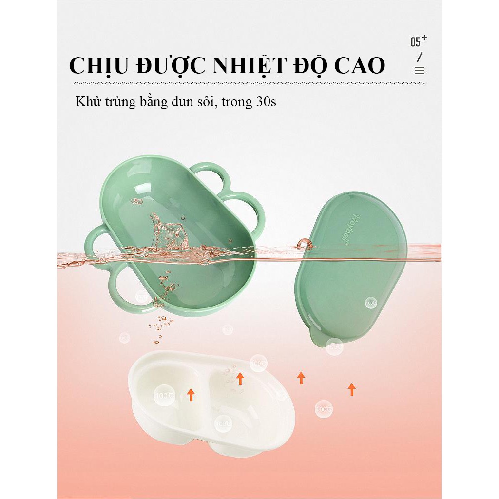 [Có BARCODE siêu thị] Khay Ăn Dặm cho bé 2 Ngăn Giữ Cách Nhiệt Có nắp đậy chống rò rĩ thức ăn và có tay cầm chống nóng