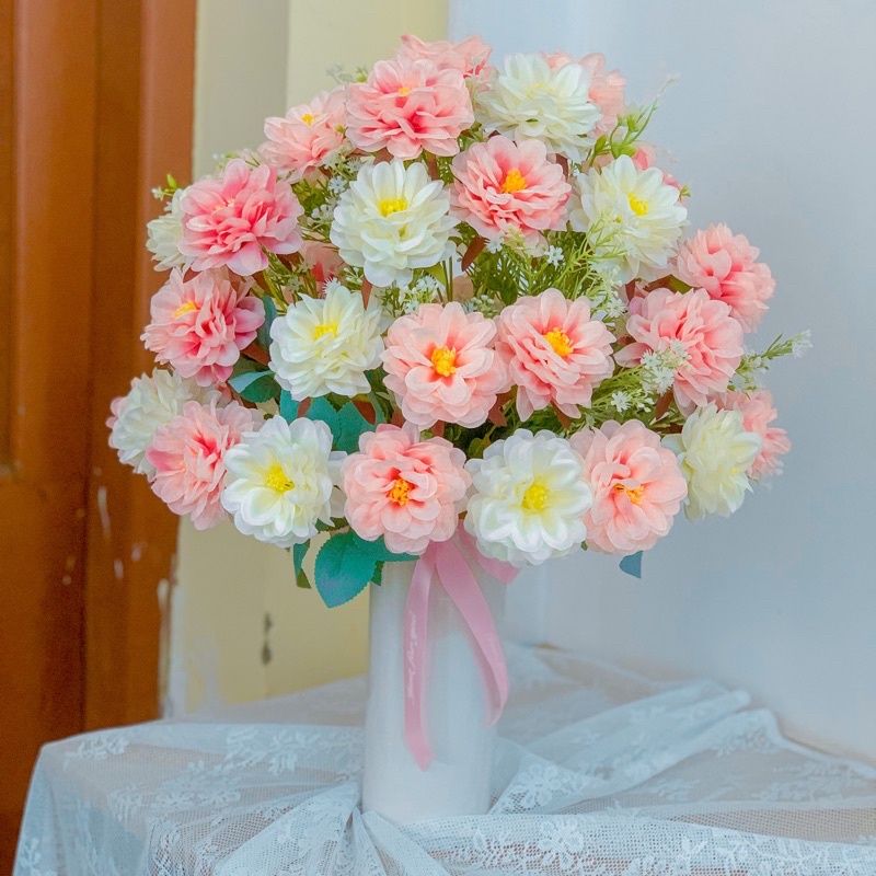 Hoa lụa, bình hoa bồ công anh,hoa hồng trà cắm sẵn cao 45 cm trang trí nhà cửa,nhà hàng, spa sang trọng