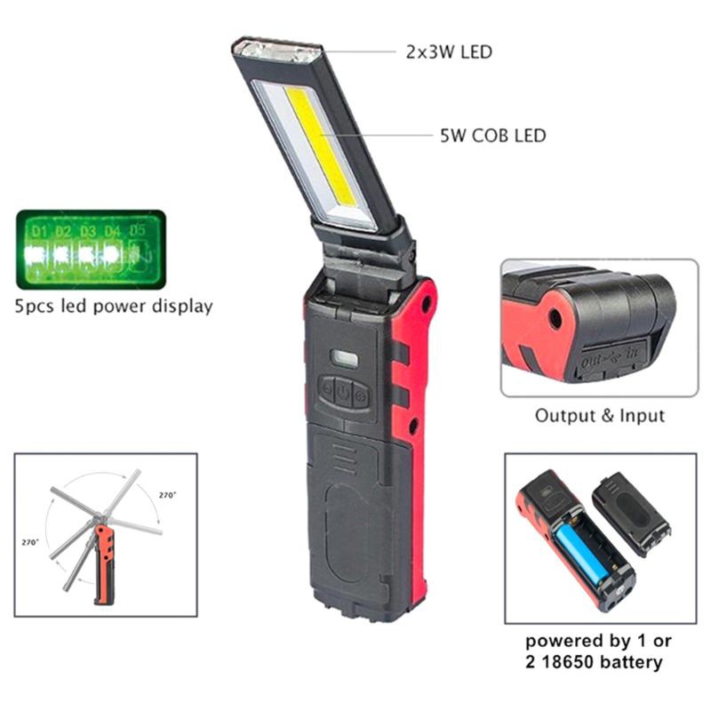 Đèn pin làm việc bóng LED COB cực sáng có đế từ tính và móc sạc USB độ sáng điều chỉnh được