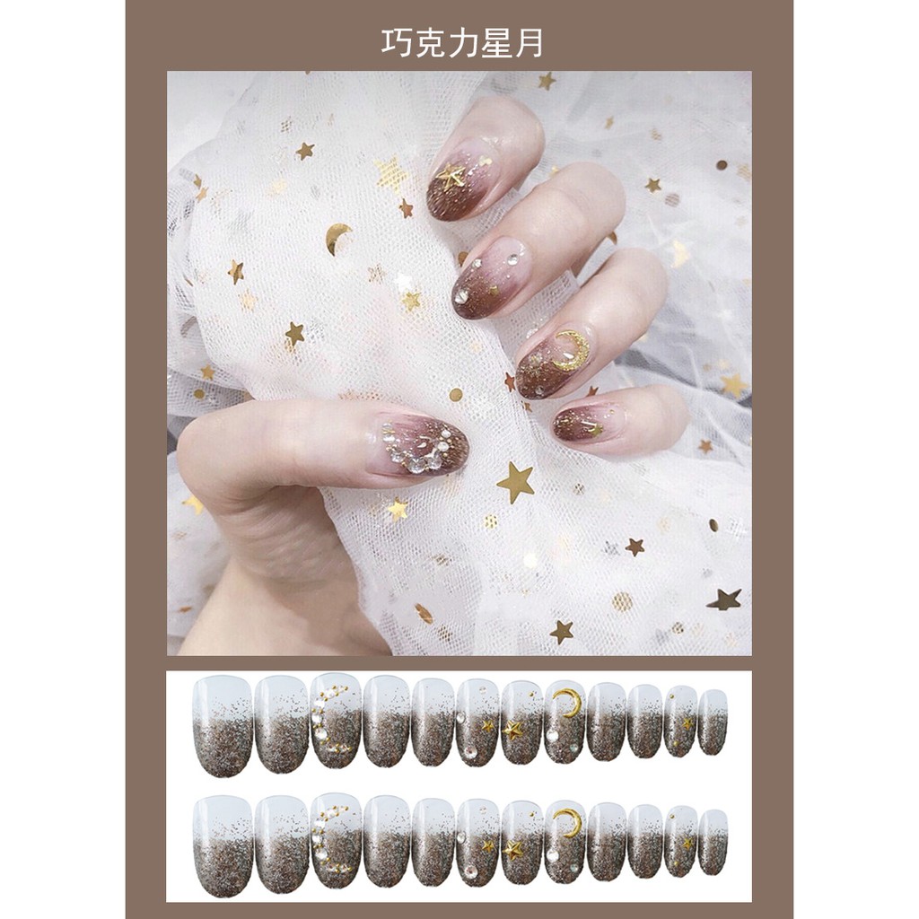 【READY STOCK】 24 cái / hộp móng tay giả có keo thiết kế sang trọng Móng tay giả đính đá được thiết kế sang trọng fake nail