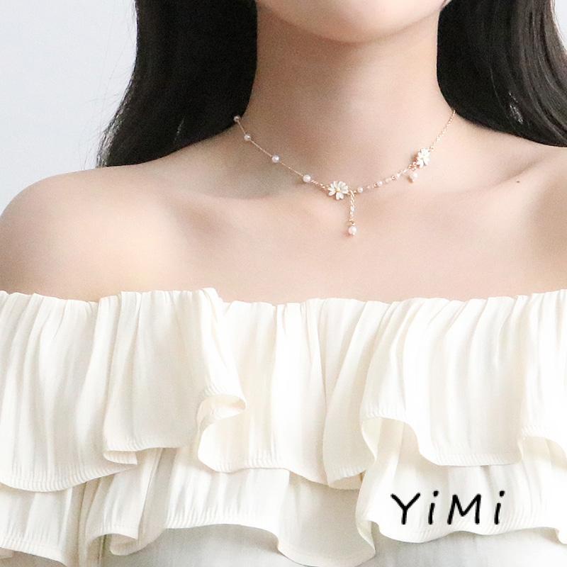 Vòng cổ xỏ phụ kiện ngọc trai mặt cười hoa cúc cá tính cổ điển phong cách hip hop