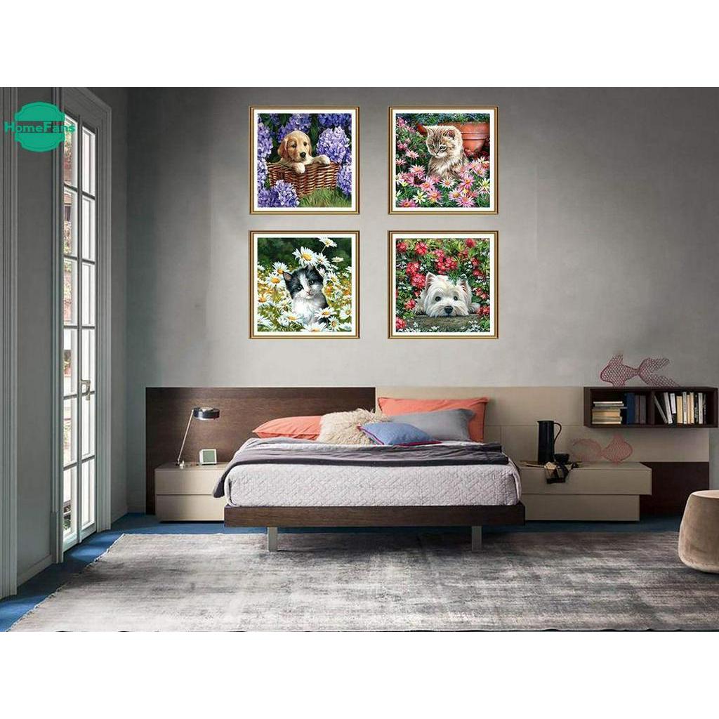 Bộ tranh đính đá 5D tự làm hình mèo và hoa 4 kiểu trang trí tường nhà (30x30 cm)