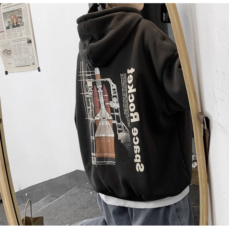 ÁO KHOÁC HOODIE, ÁO NỈ BÔNG TÊN LỮA SPACE ROCKET 2 MÀU ĐEN/TRẮNG KEM _ NAM/NŨ UNISEX ( HÌNH THẬT) KÈM CLIP | WebRaoVat - webraovat.net.vn